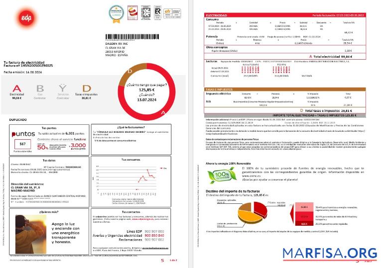 Realistic SPAIN EDP business utility bill template, version 2